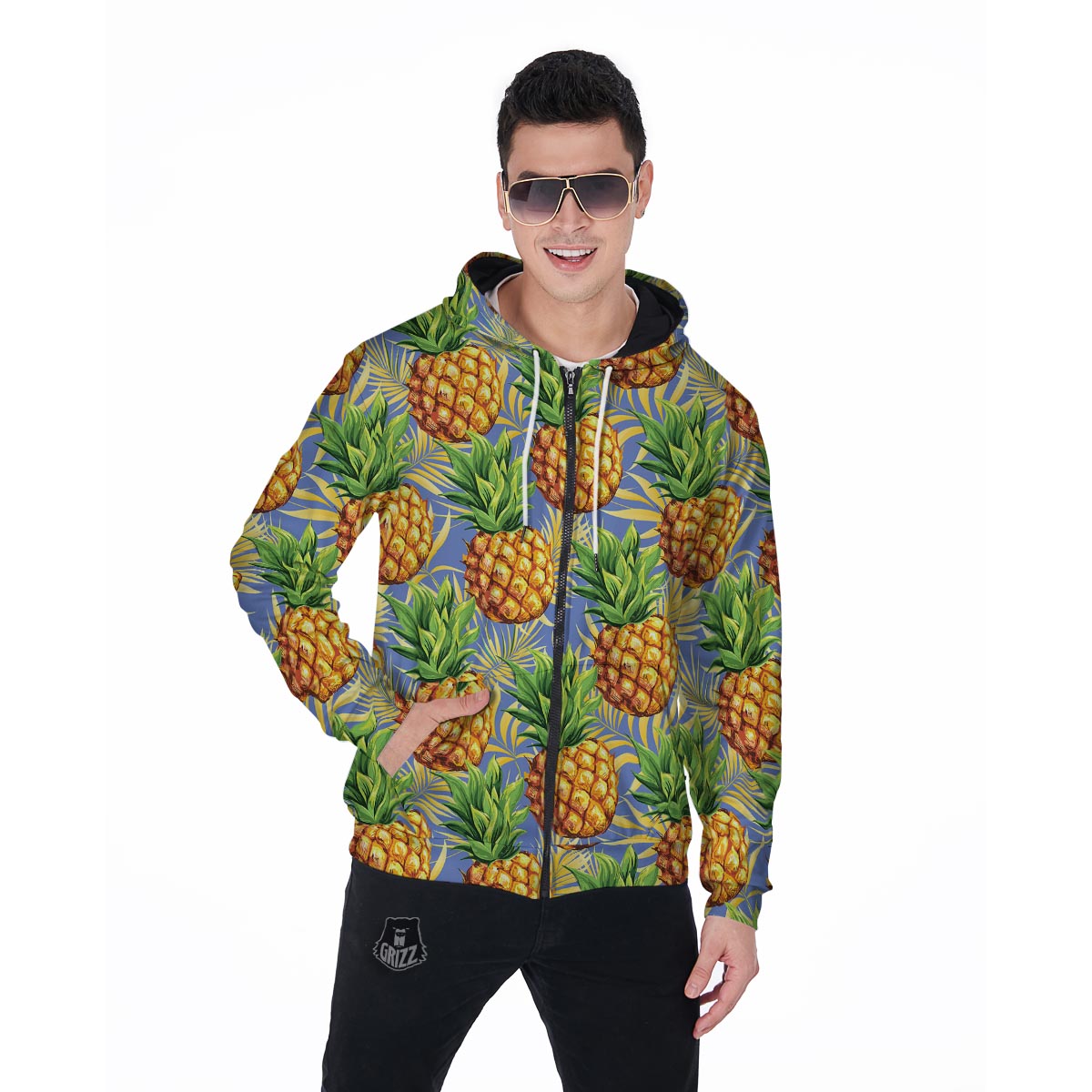 Yellow Pineapple Hawaiian Print Men's Zip Up Hoodie-grizzshop