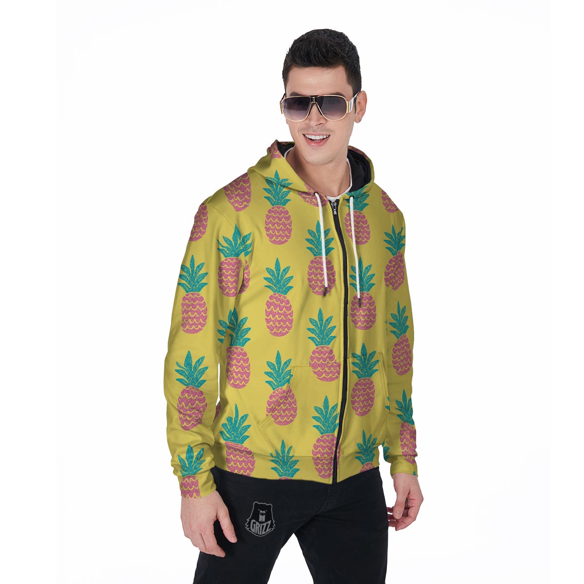 Yellow Pineapple Print Men's Zip Up Hoodie-grizzshop