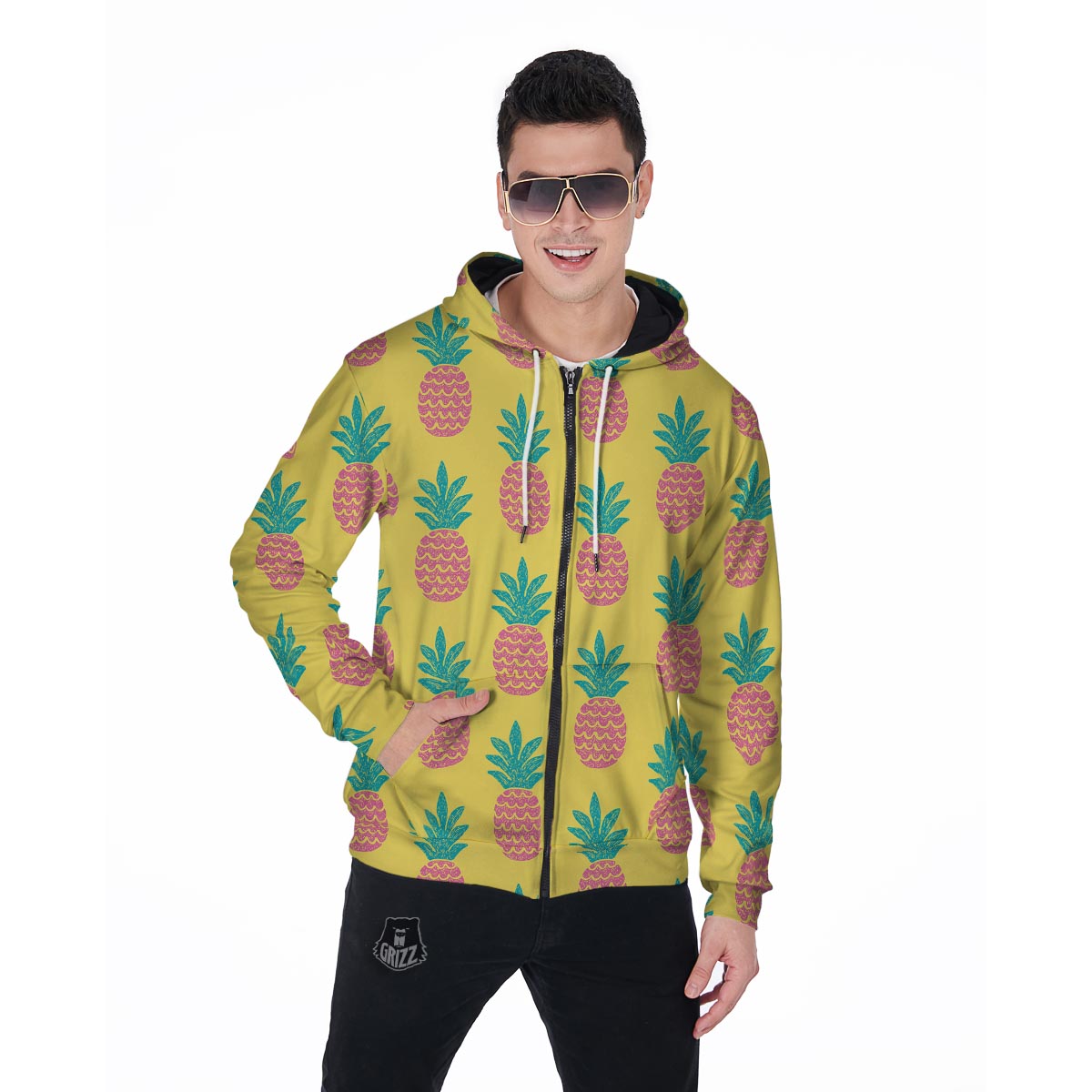 Yellow Pineapple Print Men's Zip Up Hoodie-grizzshop