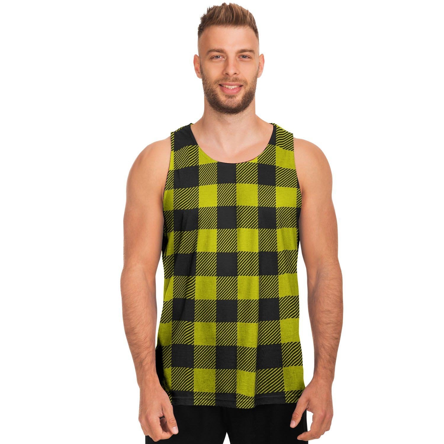 Yellow Plaid Men's Tank Tops-grizzshop