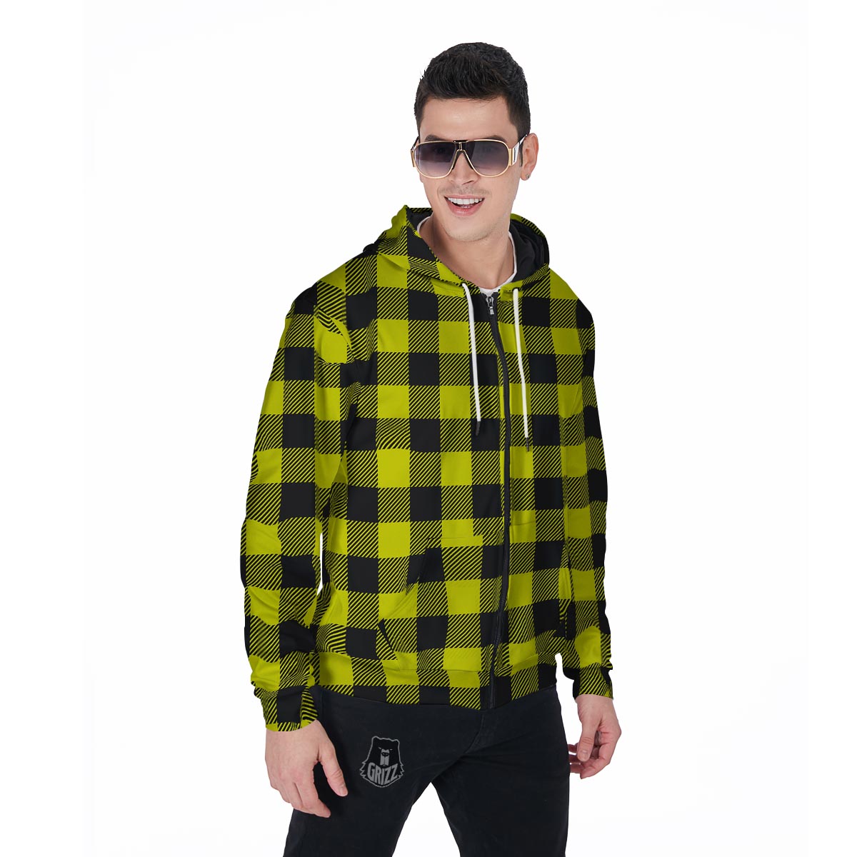 Yellow Plaid Men's Zip Up Hoodie-grizzshop