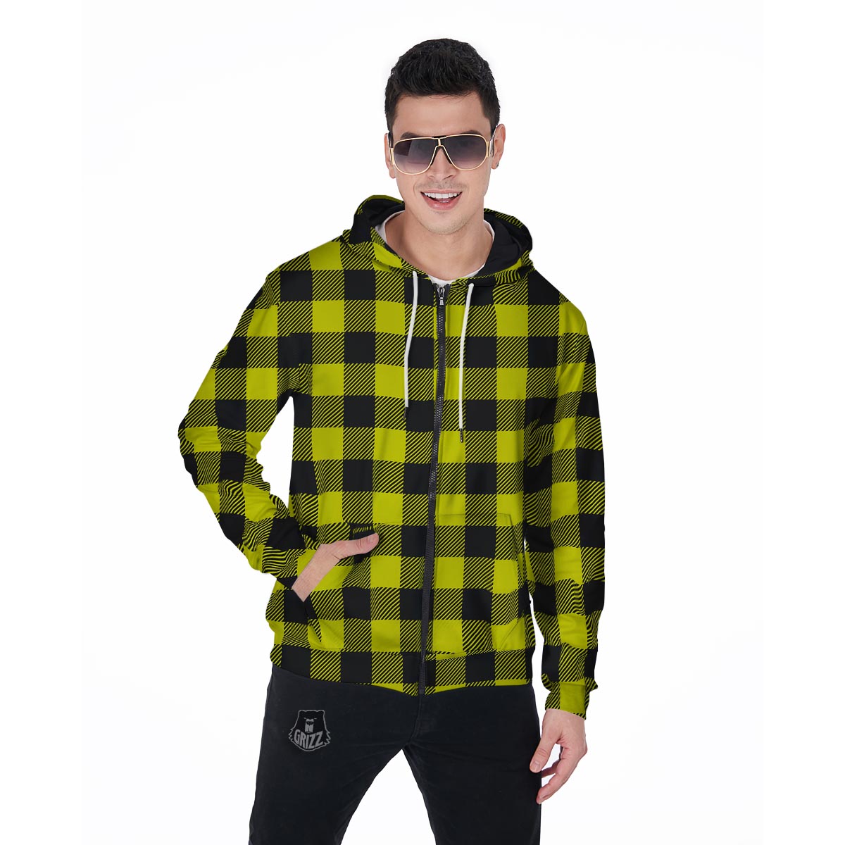Yellow Plaid Men's Zip Up Hoodie-grizzshop