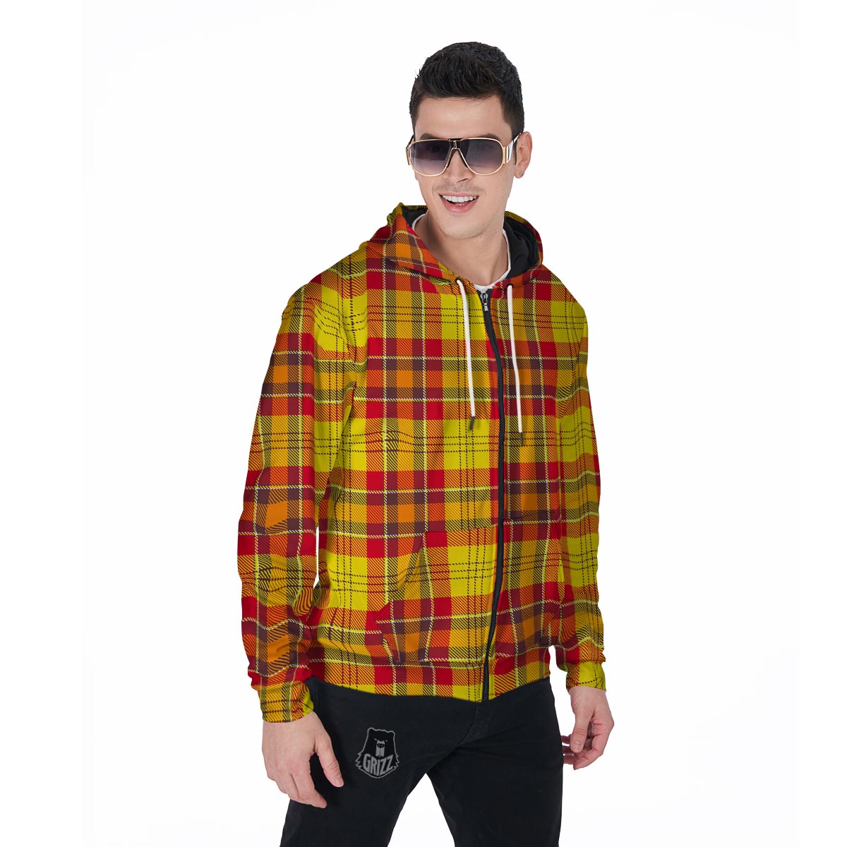 Yellow Plaid Tartan Men's Zip Up Hoodie-grizzshop