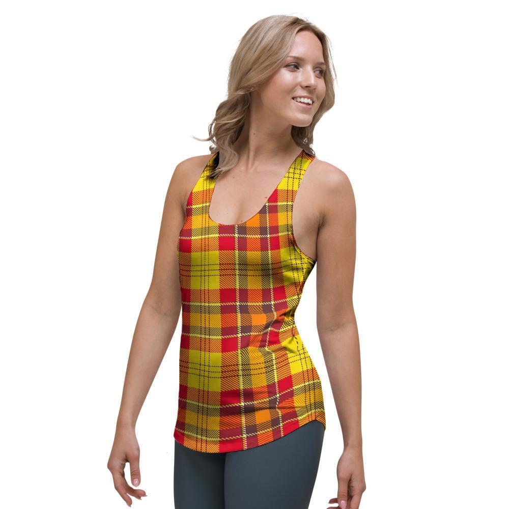 Yellow Plaid Tartan Women's Racerback Tank Top-grizzshop
