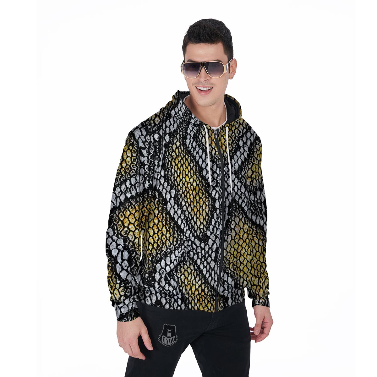 Yellow Snakeskin print Men's Zip Up Hoodie-grizzshop
