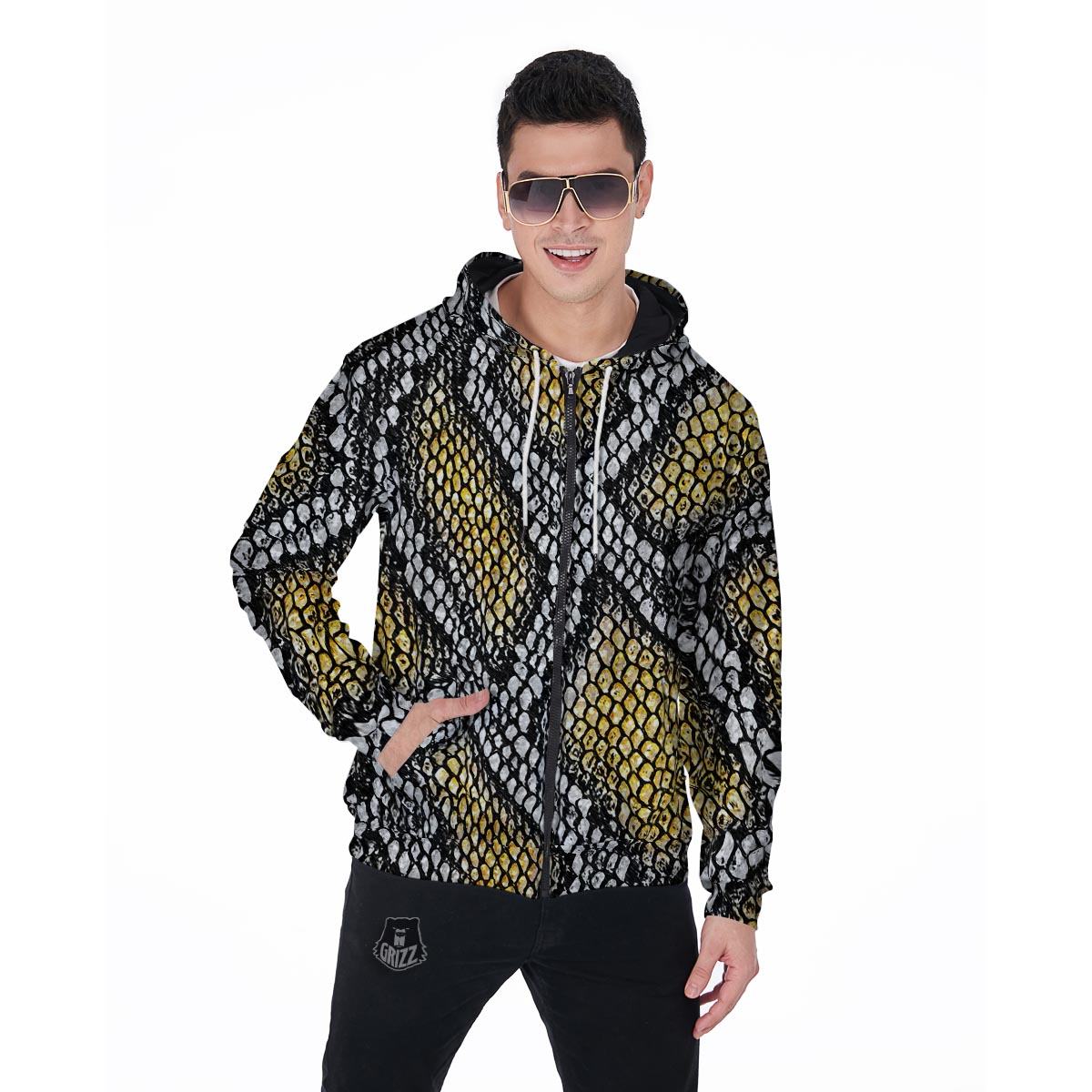 Yellow Snakeskin print Men's Zip Up Hoodie-grizzshop