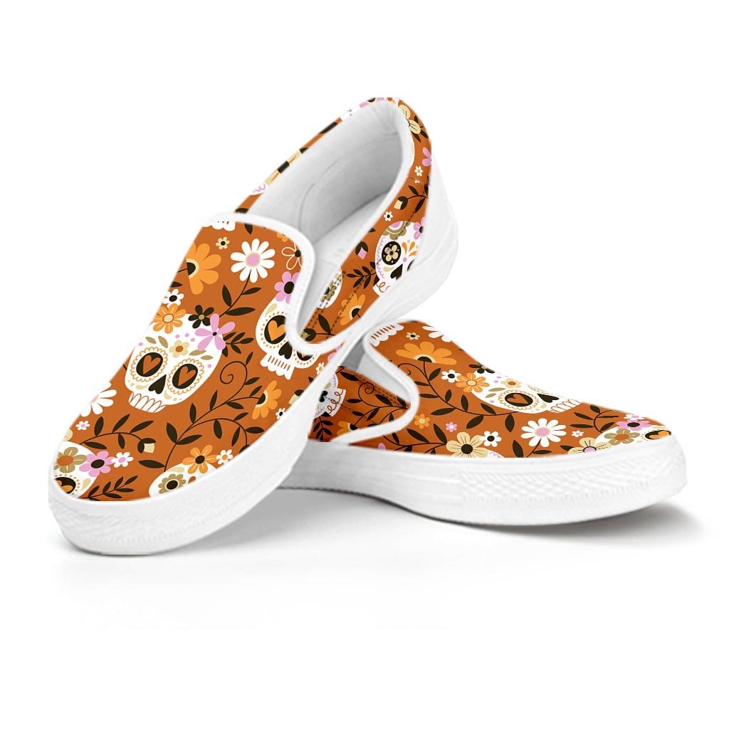 Yellow Sugar Skull Men's Slip On Sneakers-grizzshop