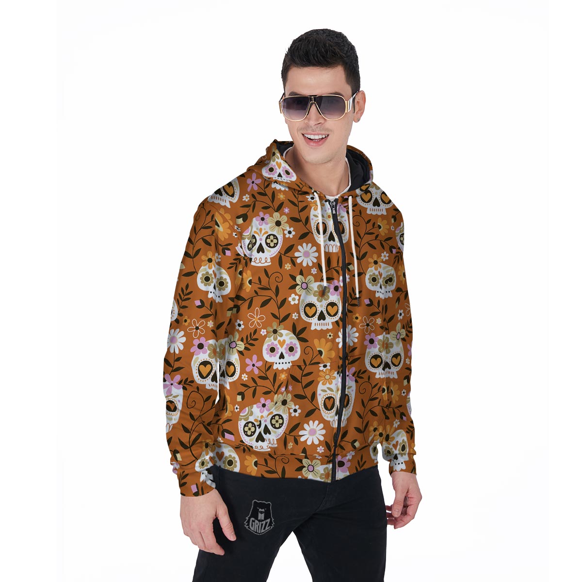 Yellow Sugar Skull Men's Zip Up Hoodie-grizzshop