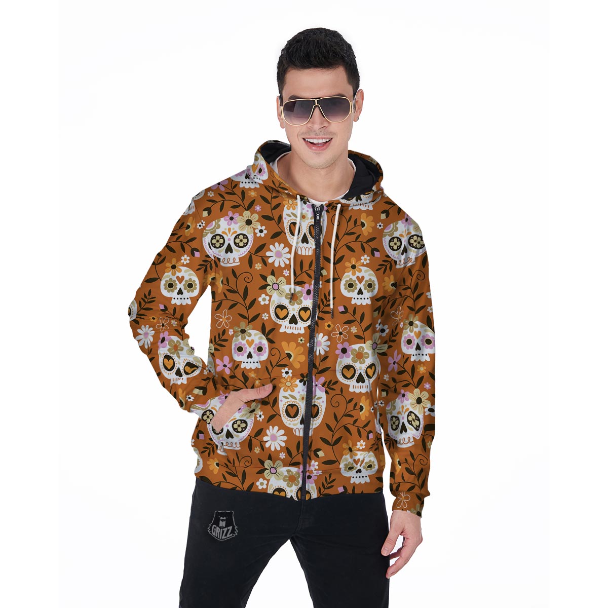 Yellow Sugar Skull Men's Zip Up Hoodie-grizzshop