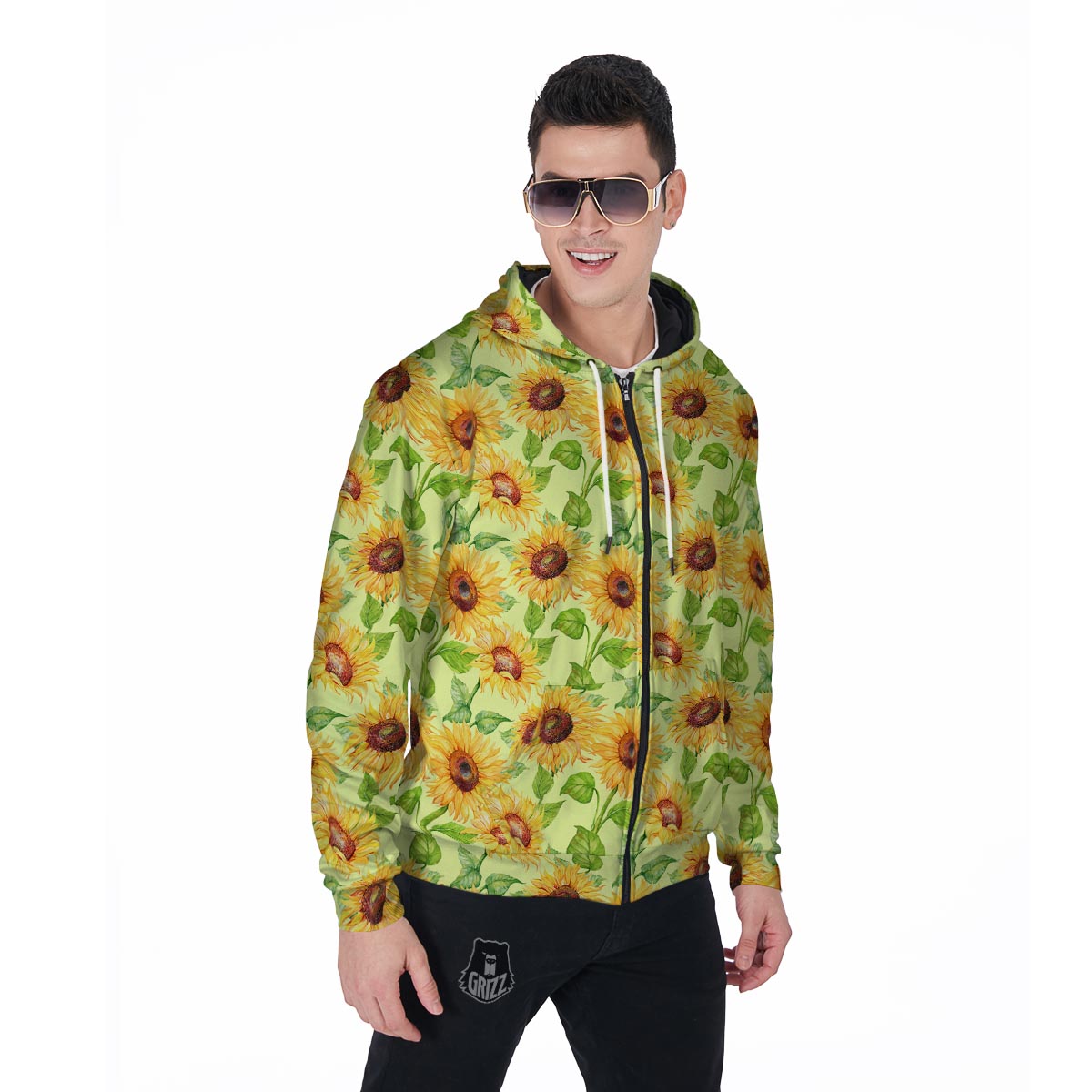 Yellow Sunflower Print Men's Zip Up Hoodie-grizzshop