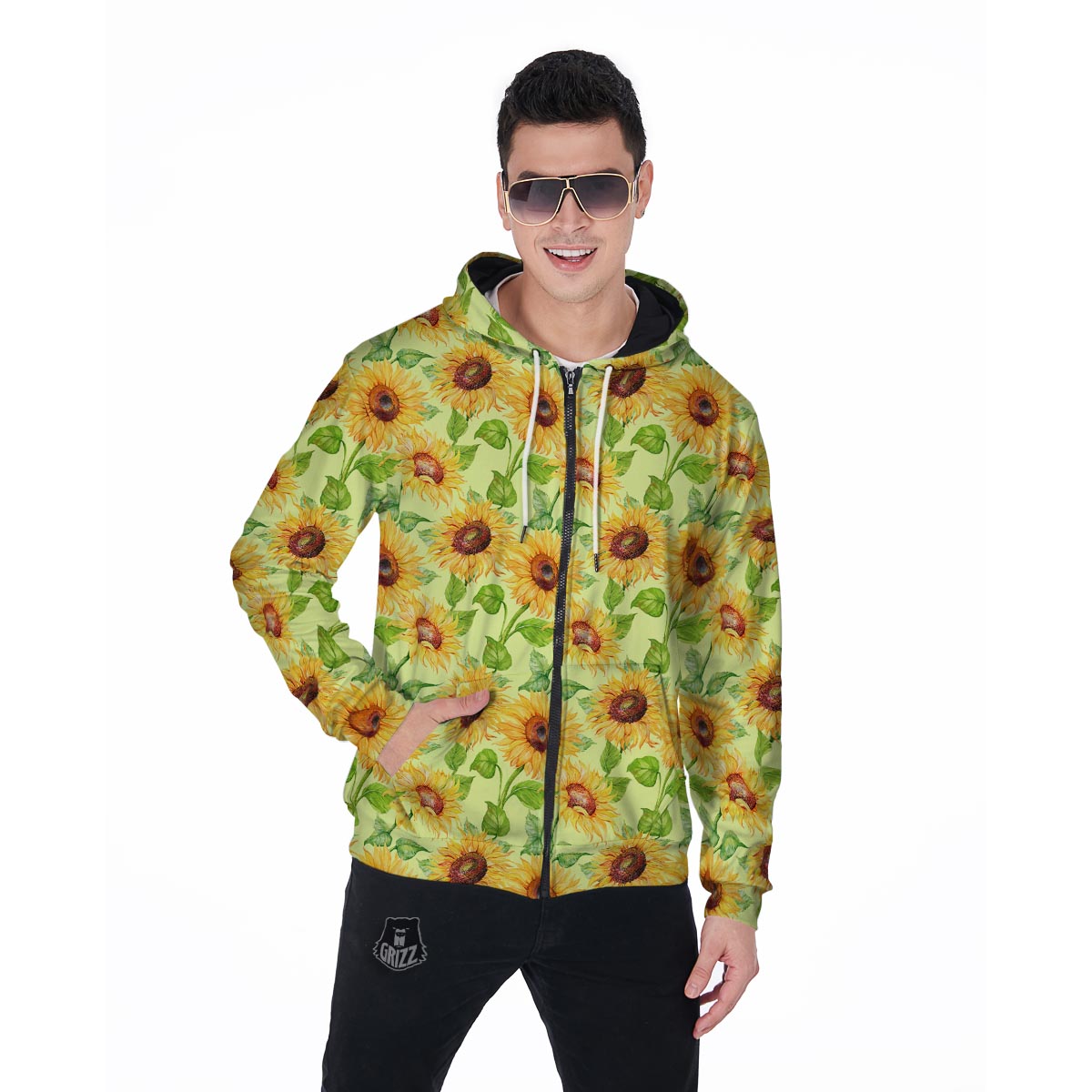 Yellow Sunflower Print Men's Zip Up Hoodie-grizzshop
