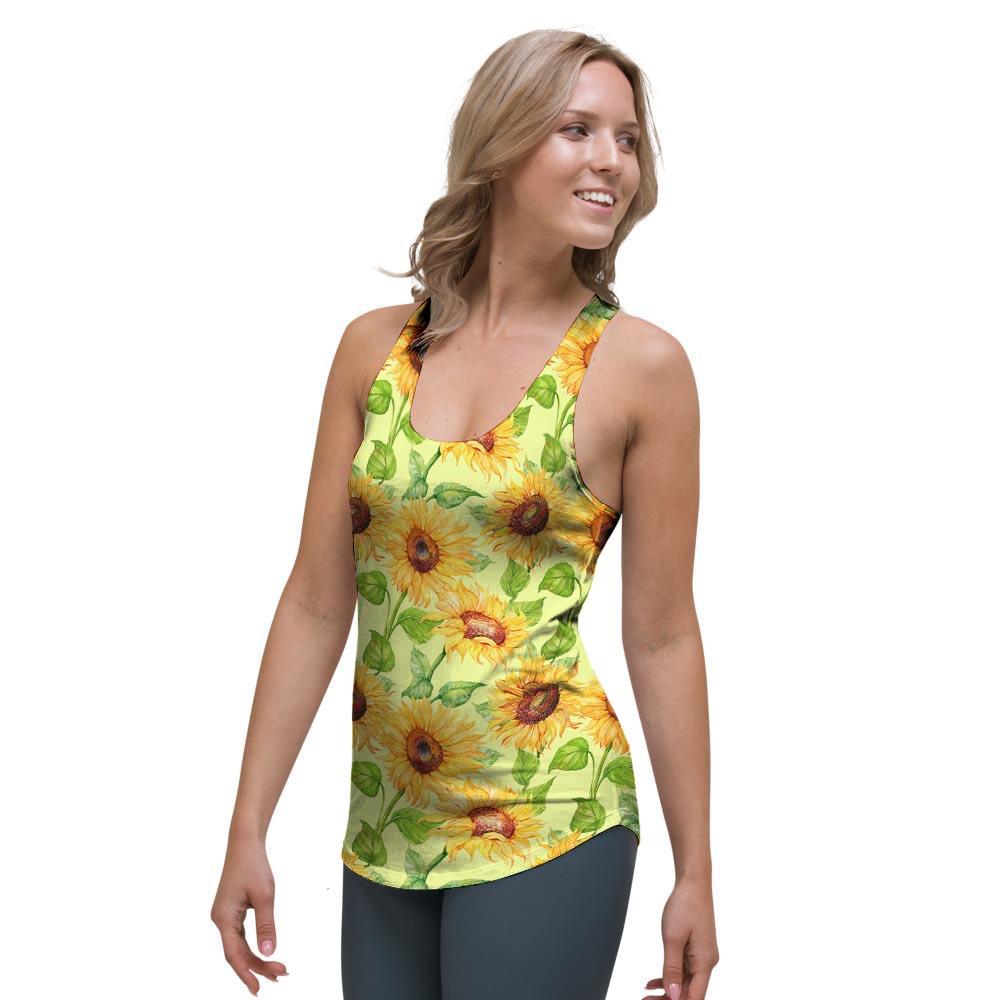 Yellow Sunflower Print Women's Racerback Tank Top-grizzshop