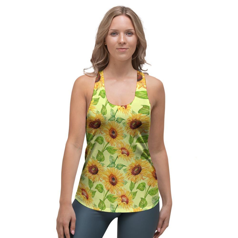 Yellow Sunflower Print Women's Racerback Tank Top-grizzshop