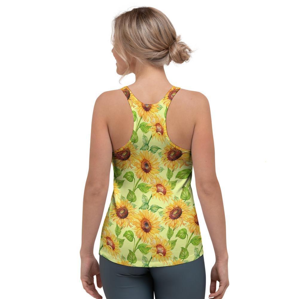 Yellow Sunflower Print Women's Racerback Tank Top-grizzshop