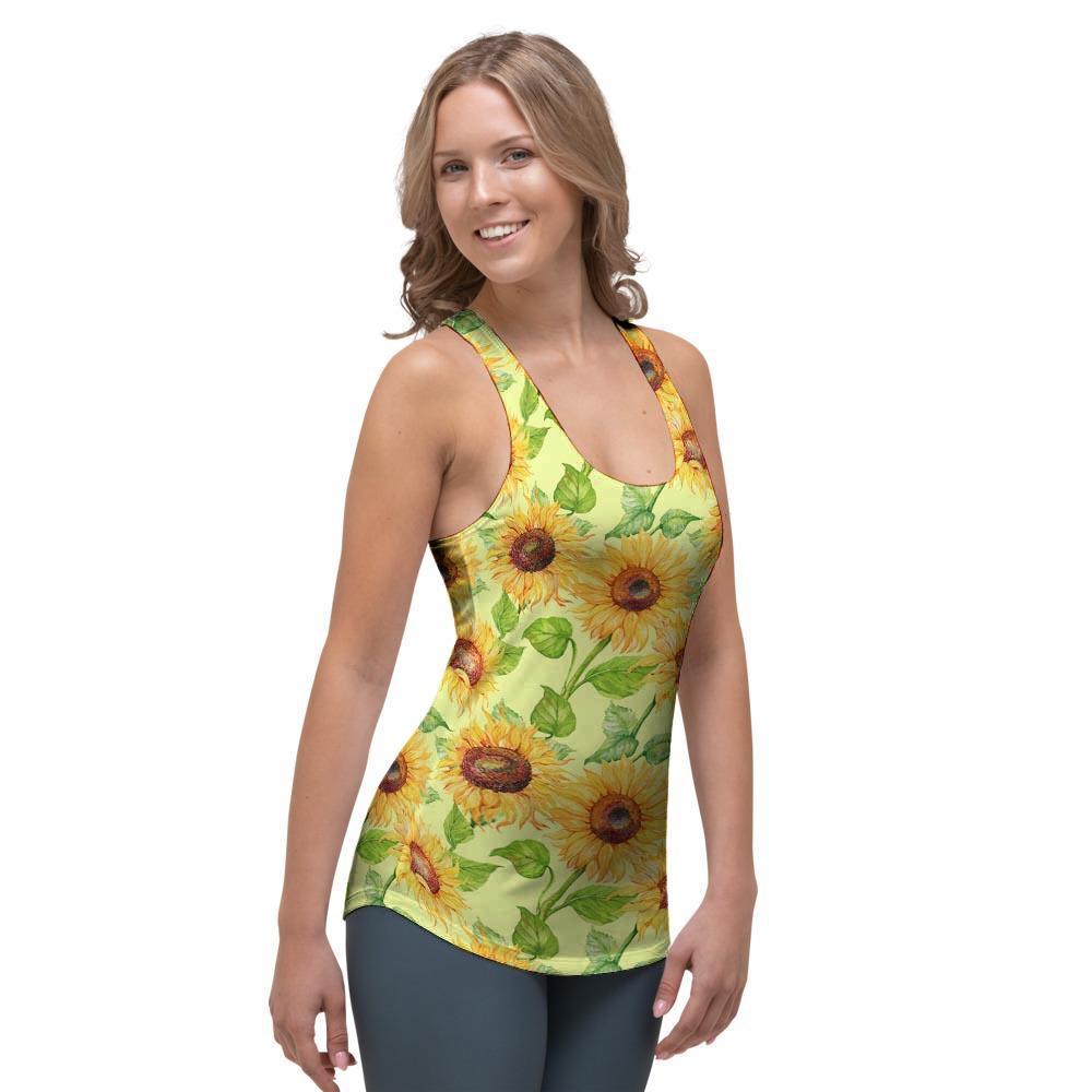 Yellow Sunflower Print Women's Racerback Tank Top-grizzshop