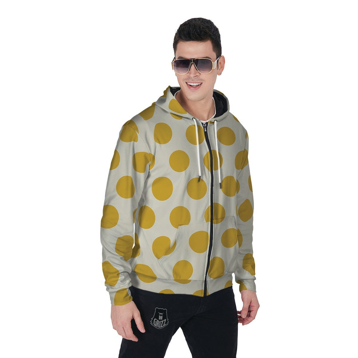 Yellow White Polka Dot Men's Zip Up Hoodie-grizzshop