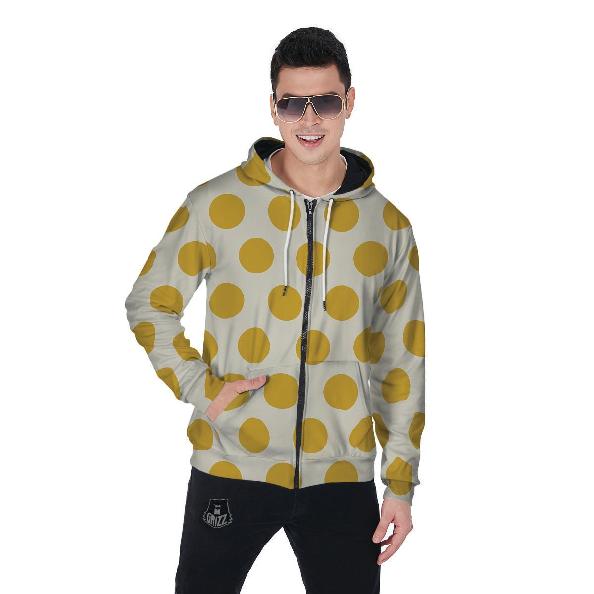 Yellow White Polka Dot Men's Zip Up Hoodie-grizzshop