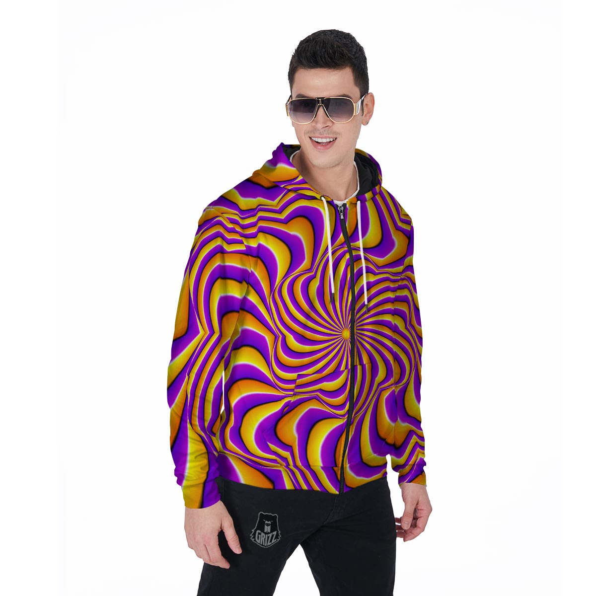 Yellow and purple spin illusion. Men's Zip Up Hoodie-grizzshop