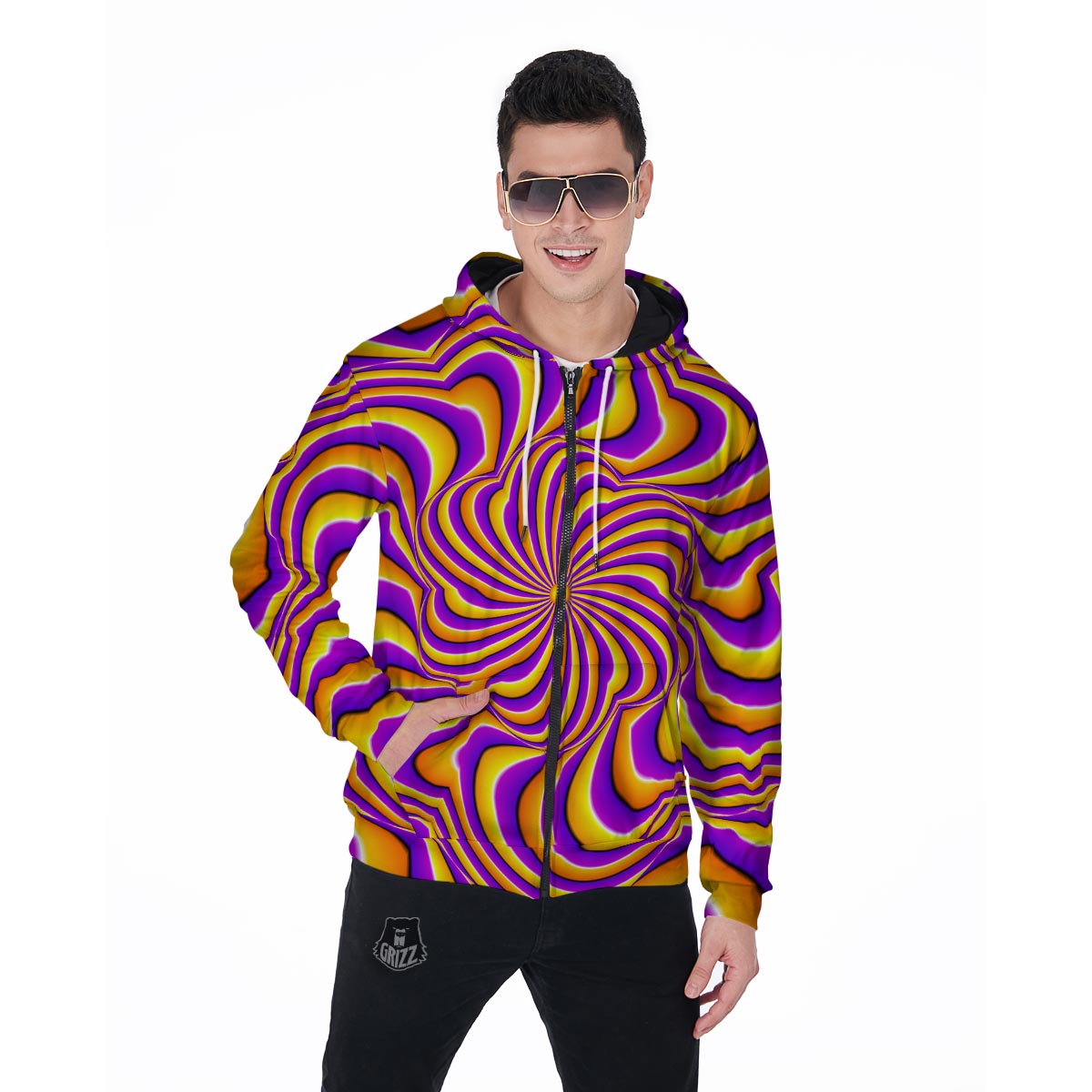 Yellow and purple spin illusion. Men's Zip Up Hoodie-grizzshop