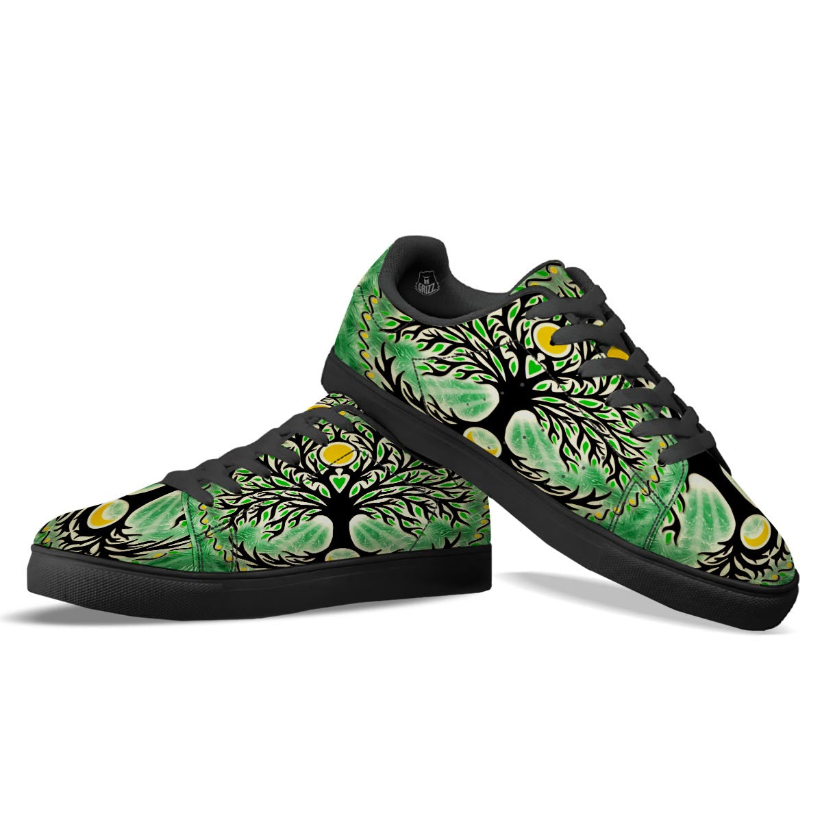 Yggdrasil Moon And Sun Print Black Low Top Sneakers-grizzshop