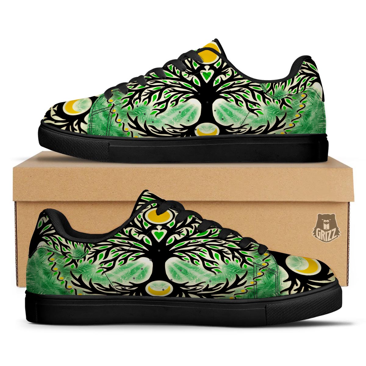 Yggdrasil Moon And Sun Print Black Low Top Sneakers-grizzshop