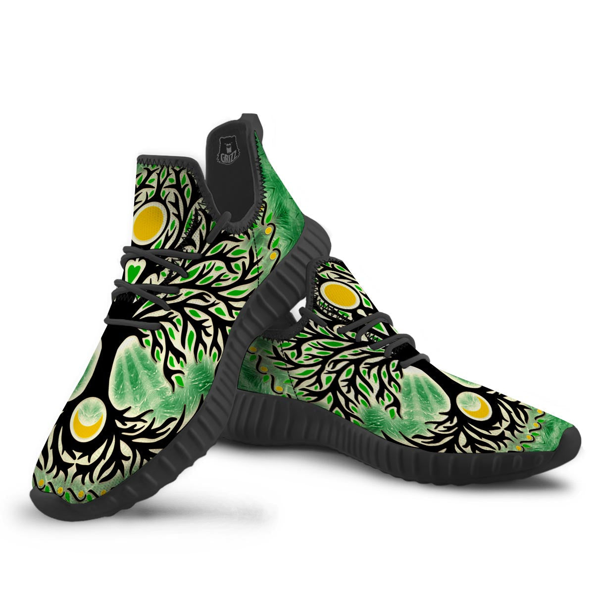 Yggdrasil Moon And Sun Print Black Walking Shoes-grizzshop
