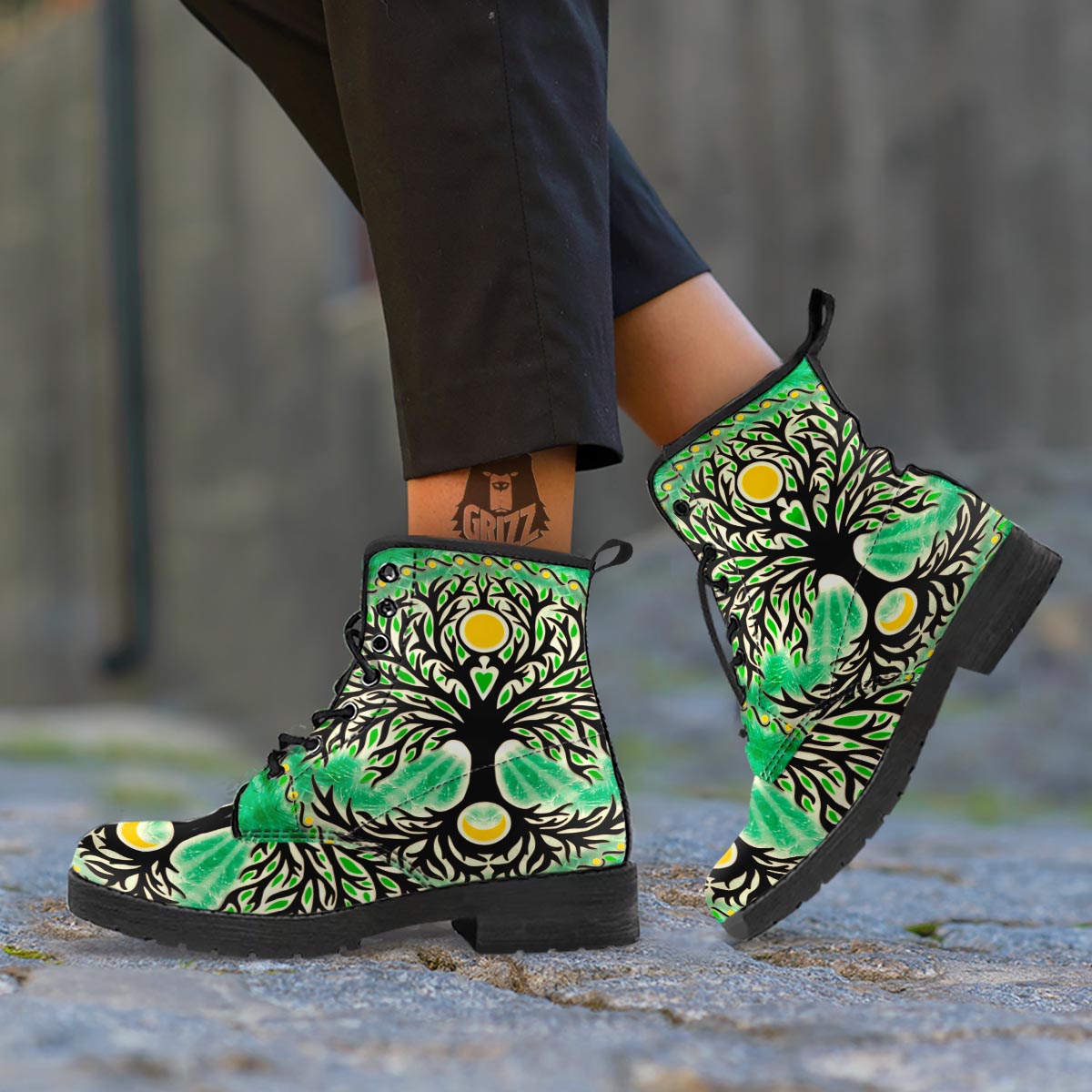 Yggdrasil Moon And Sun Print Leather Boots-grizzshop