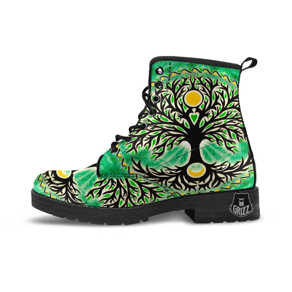 Yggdrasil Moon And Sun Print Leather Boots-grizzshop