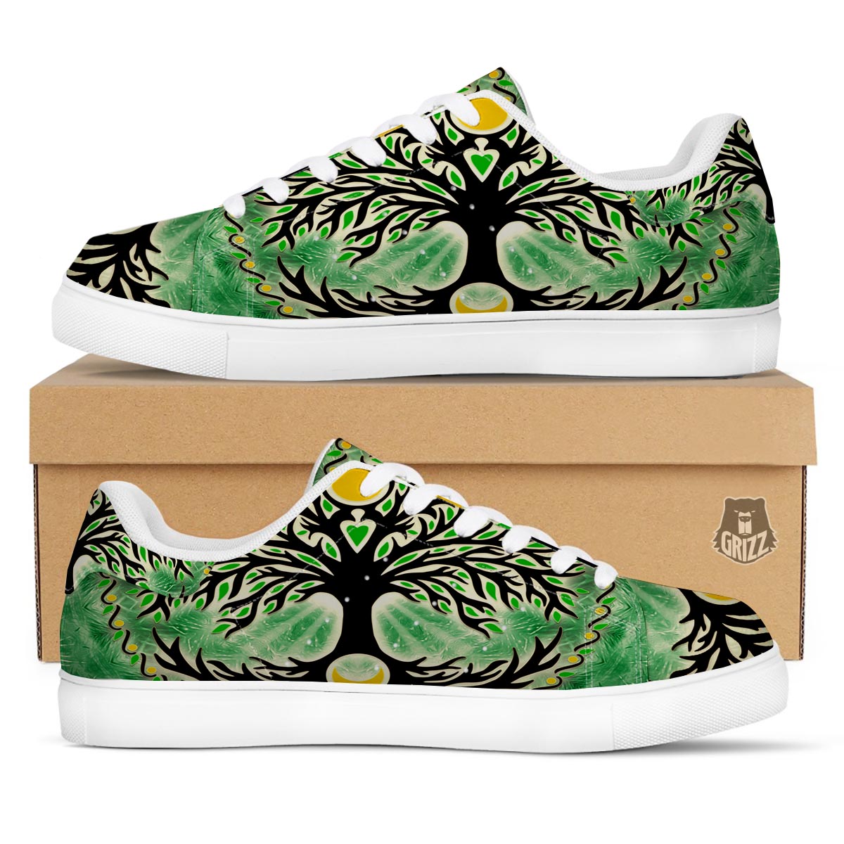 Yggdrasil Moon And Sun Print White Low Top Sneakers-grizzshop