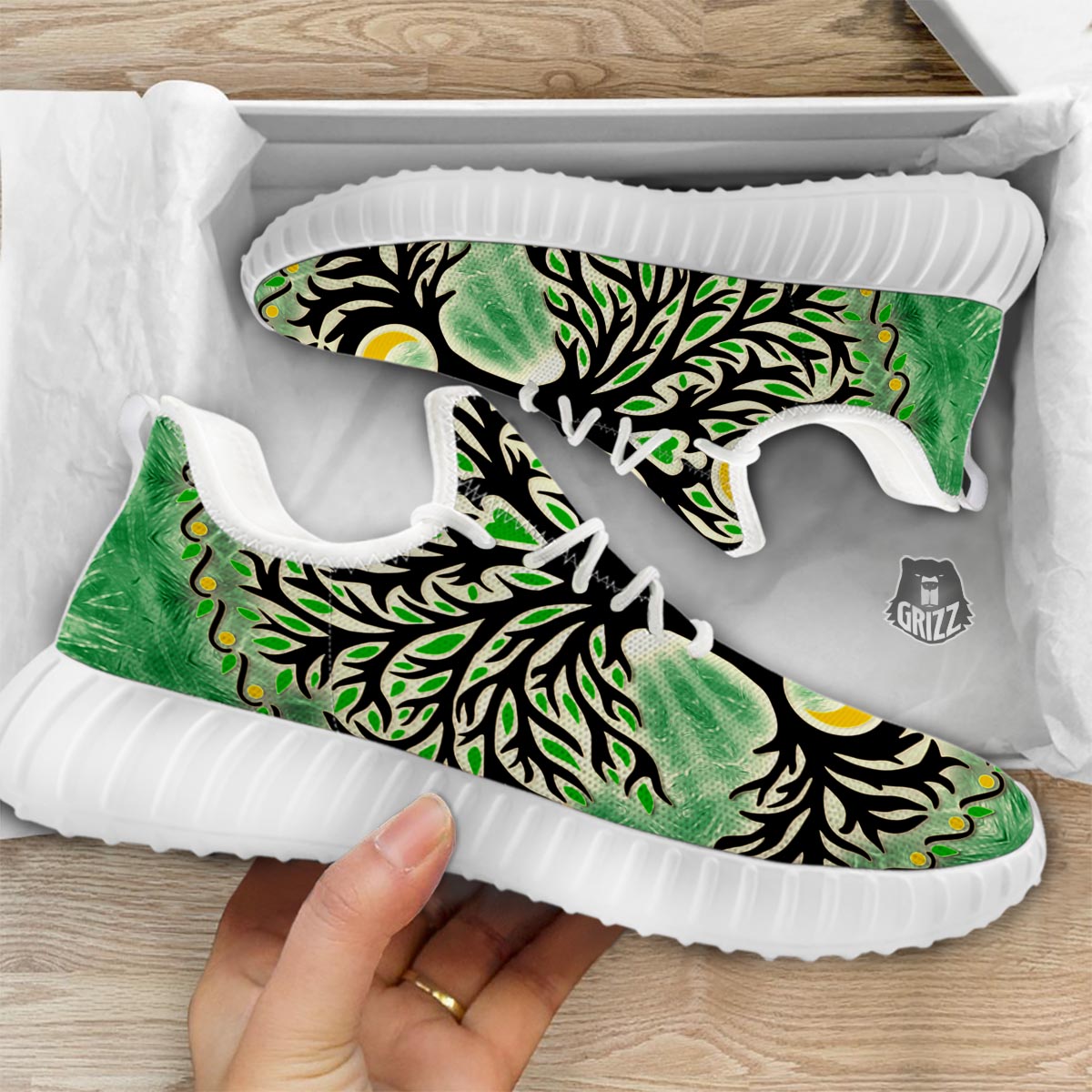 Yggdrasil Moon And Sun Print White Walking Shoes-grizzshop