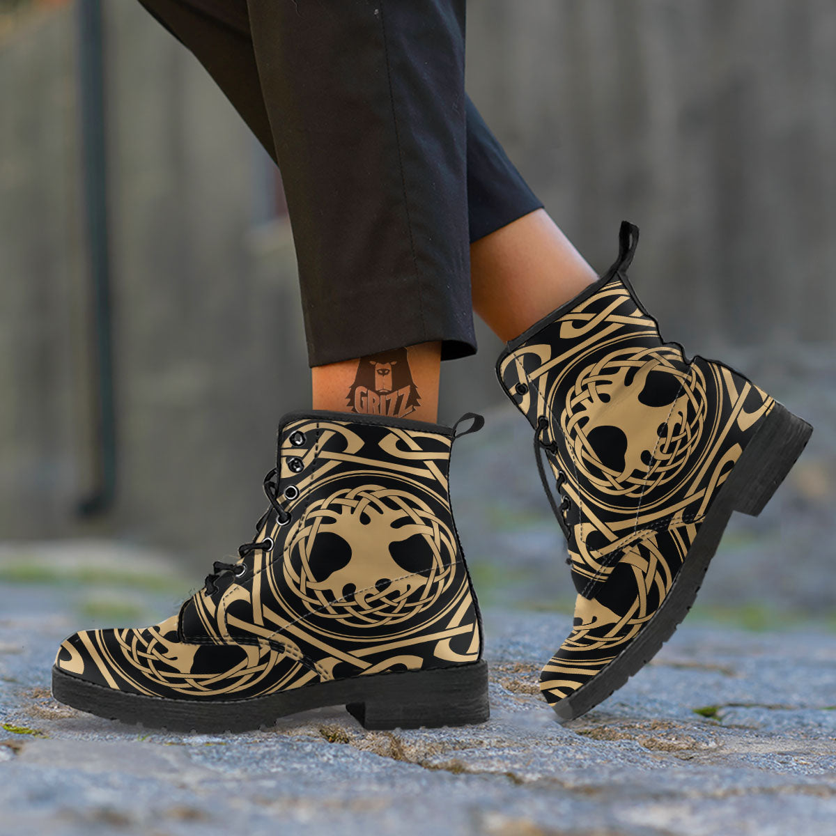Yggdrasil Scandinavian Print Leather Boots-grizzshop