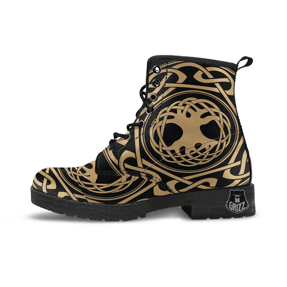 Yggdrasil Scandinavian Print Leather Boots-grizzshop