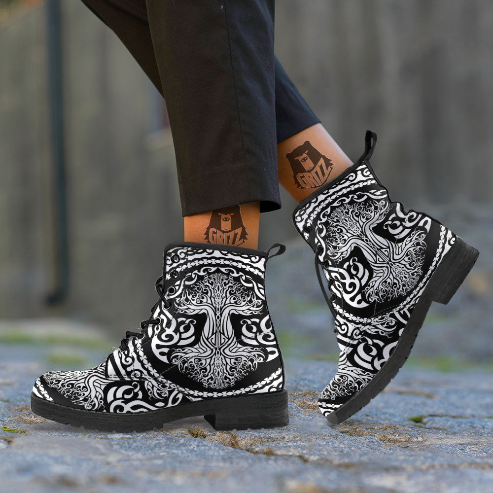 Yggdrasil Tree Ancient Print Leather Boots-grizzshop