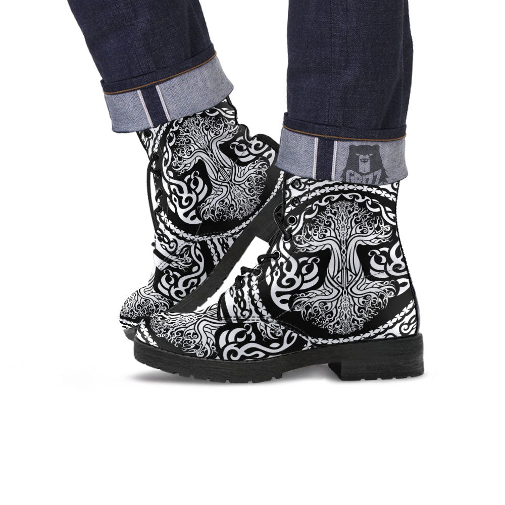 Yggdrasil Tree Ancient Print Leather Boots-grizzshop