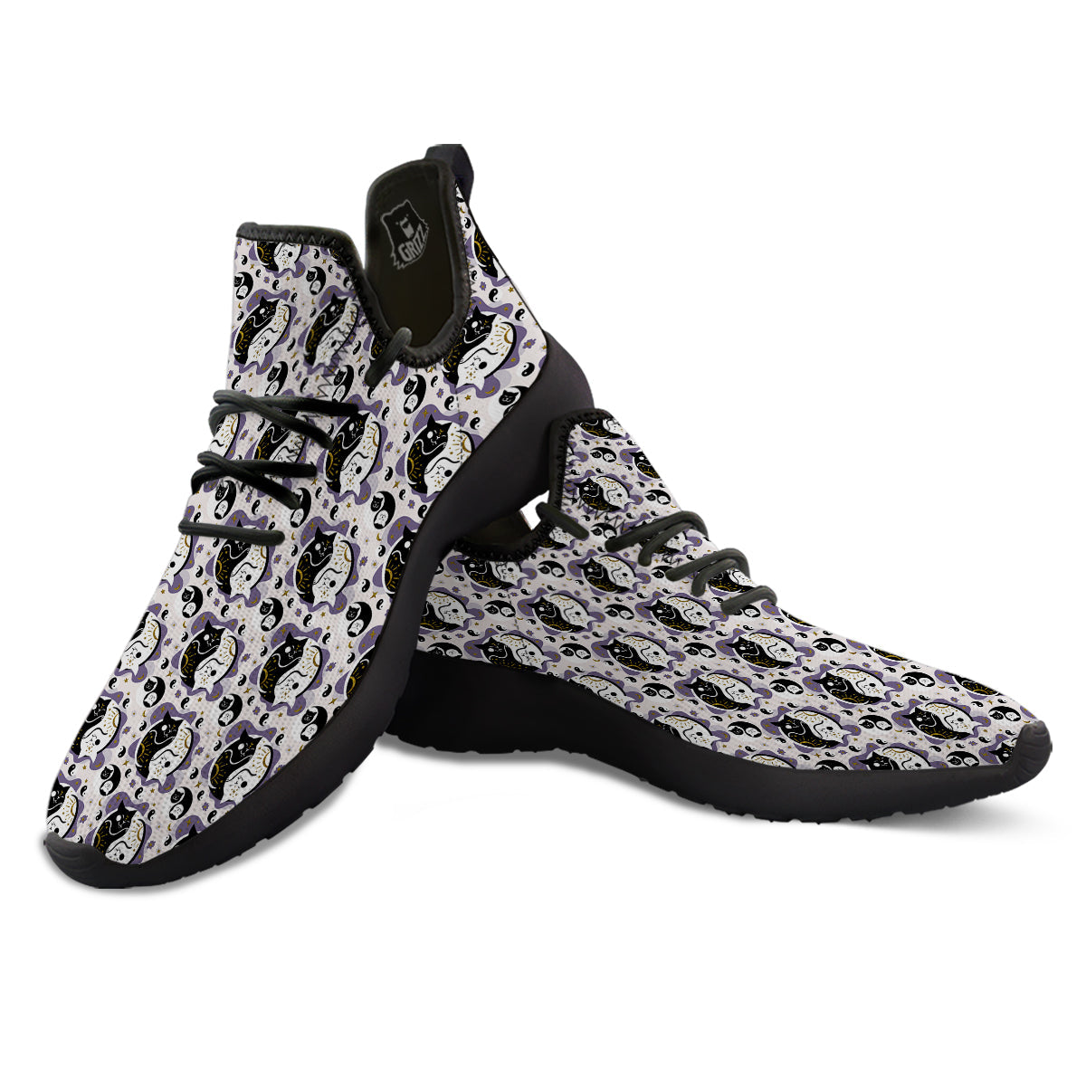 Yin Yang Black And White Cat Sleep Print Pattern Black Athletic Shoes-grizzshop