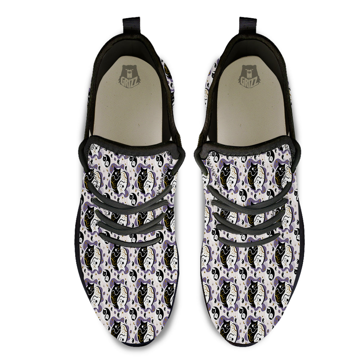 Yin Yang Black And White Cat Sleep Print Pattern Black Athletic Shoes-grizzshop