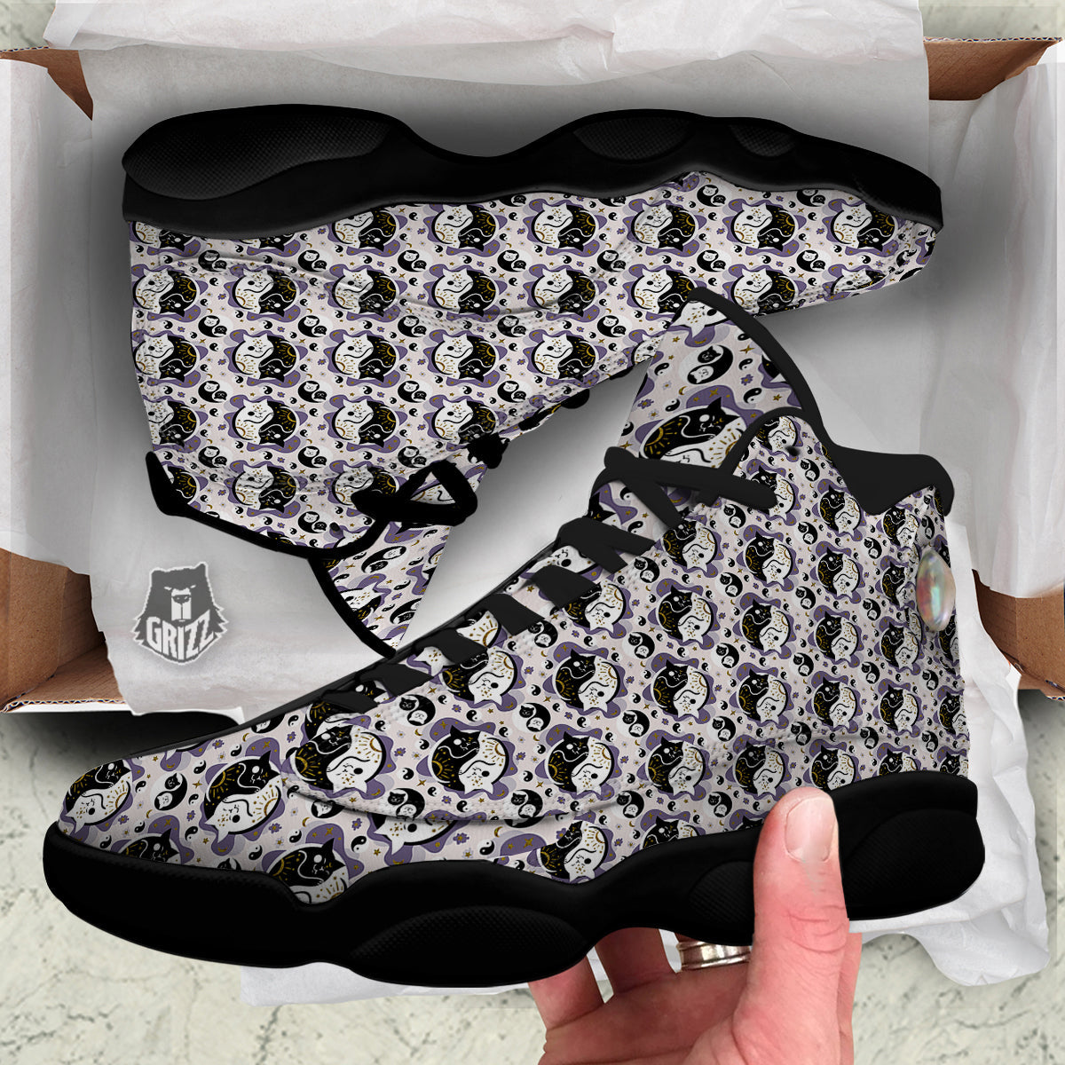 Yin Yang Black And White Cat Sleep Print Pattern Black Basketball Shoes-grizzshop
