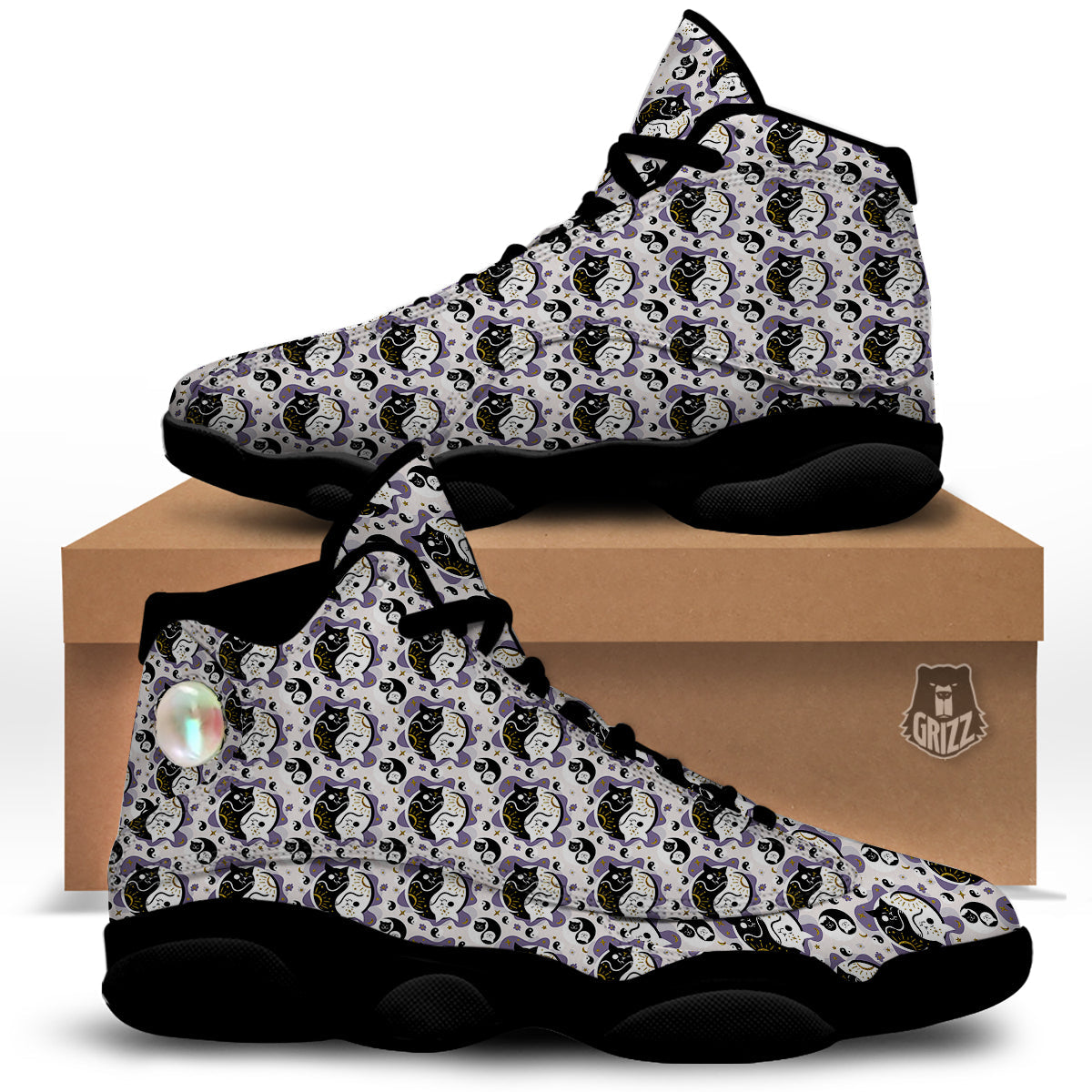 Yin Yang Black And White Cat Sleep Print Pattern Black Basketball Shoes-grizzshop