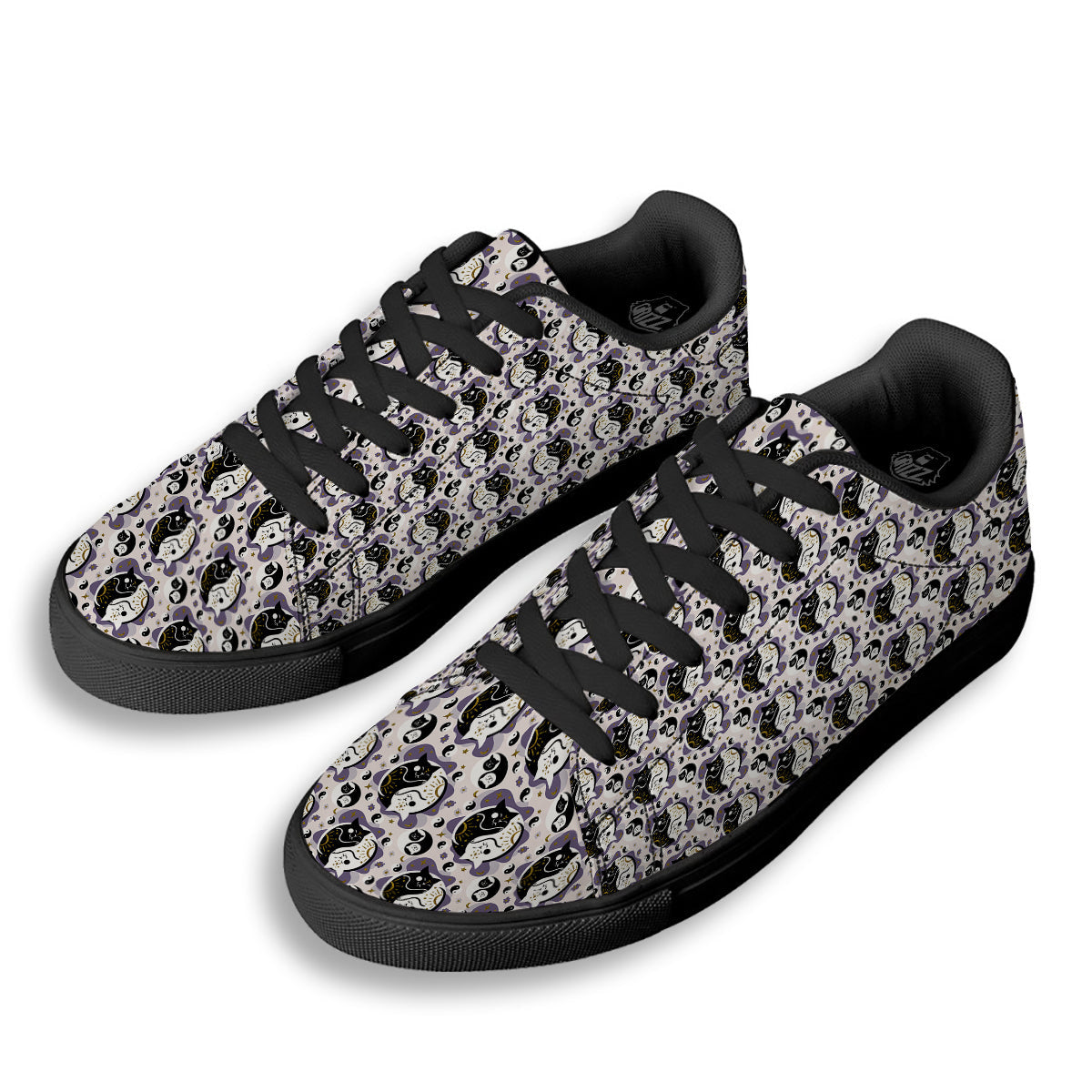 Yin Yang Black And White Cat Sleep Print Pattern Black Low Top Sneakers-grizzshop