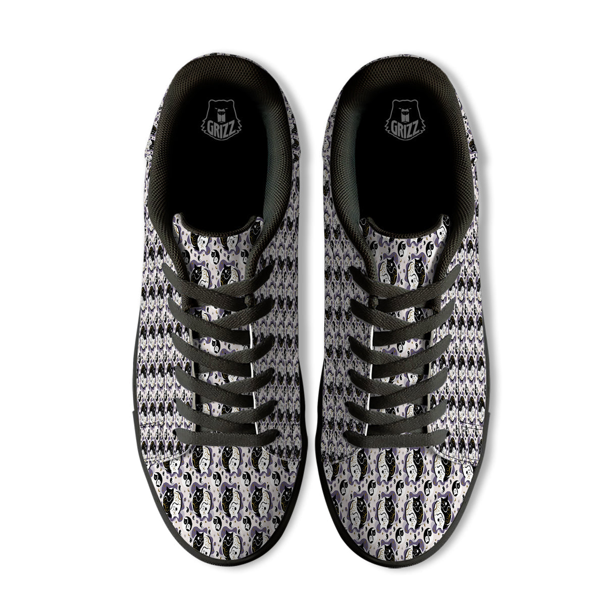 Yin Yang Black And White Cat Sleep Print Pattern Black Low Top Sneakers-grizzshop