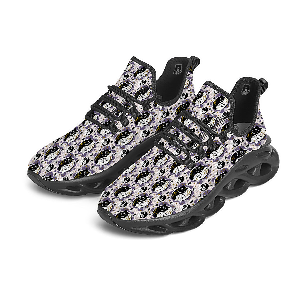 Yin Yang Black And White Cat Sleep Print Pattern Black Running Shoes-grizzshop