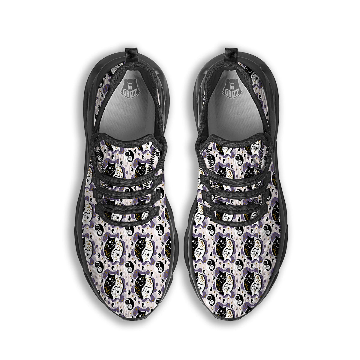 Yin Yang Black And White Cat Sleep Print Pattern Black Running Shoes-grizzshop