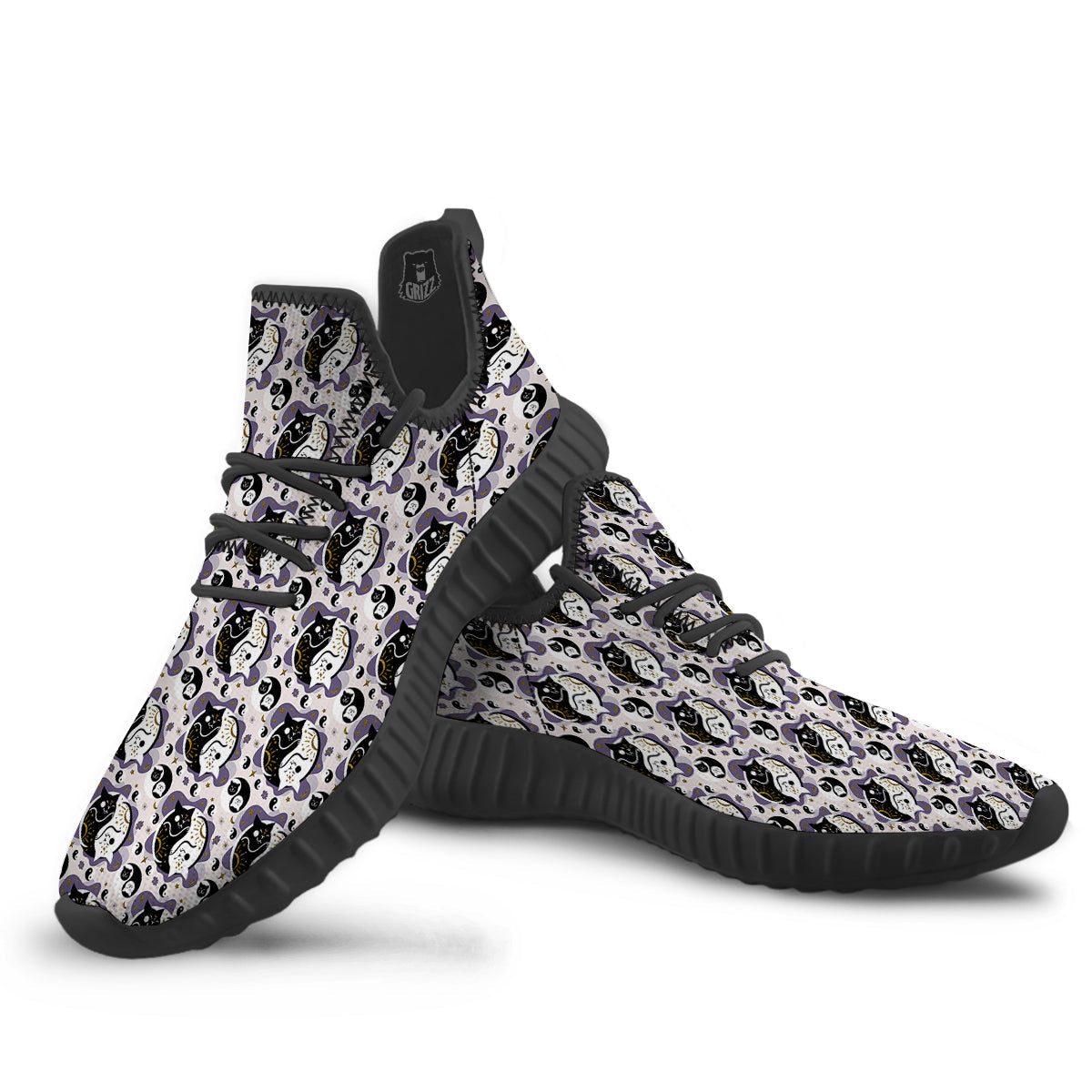 Yin Yang Black And White Cat Sleep Print Pattern Black Walking Shoes-grizzshop