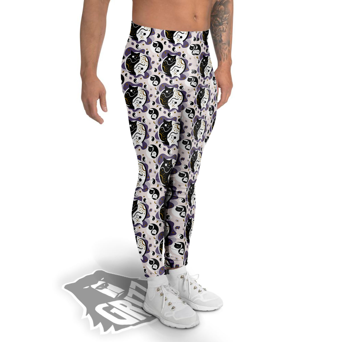 Yin Yang Black And White Cat Sleep Print Pattern Men's Leggings-grizzshop