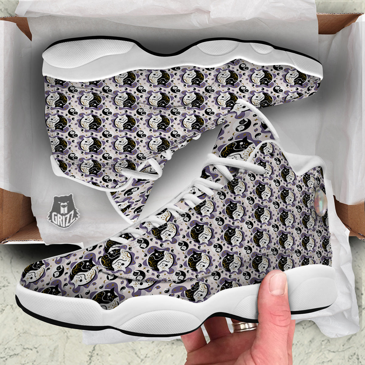 Yin Yang Black And White Cat Sleep Print Pattern White Basketball Shoes-grizzshop