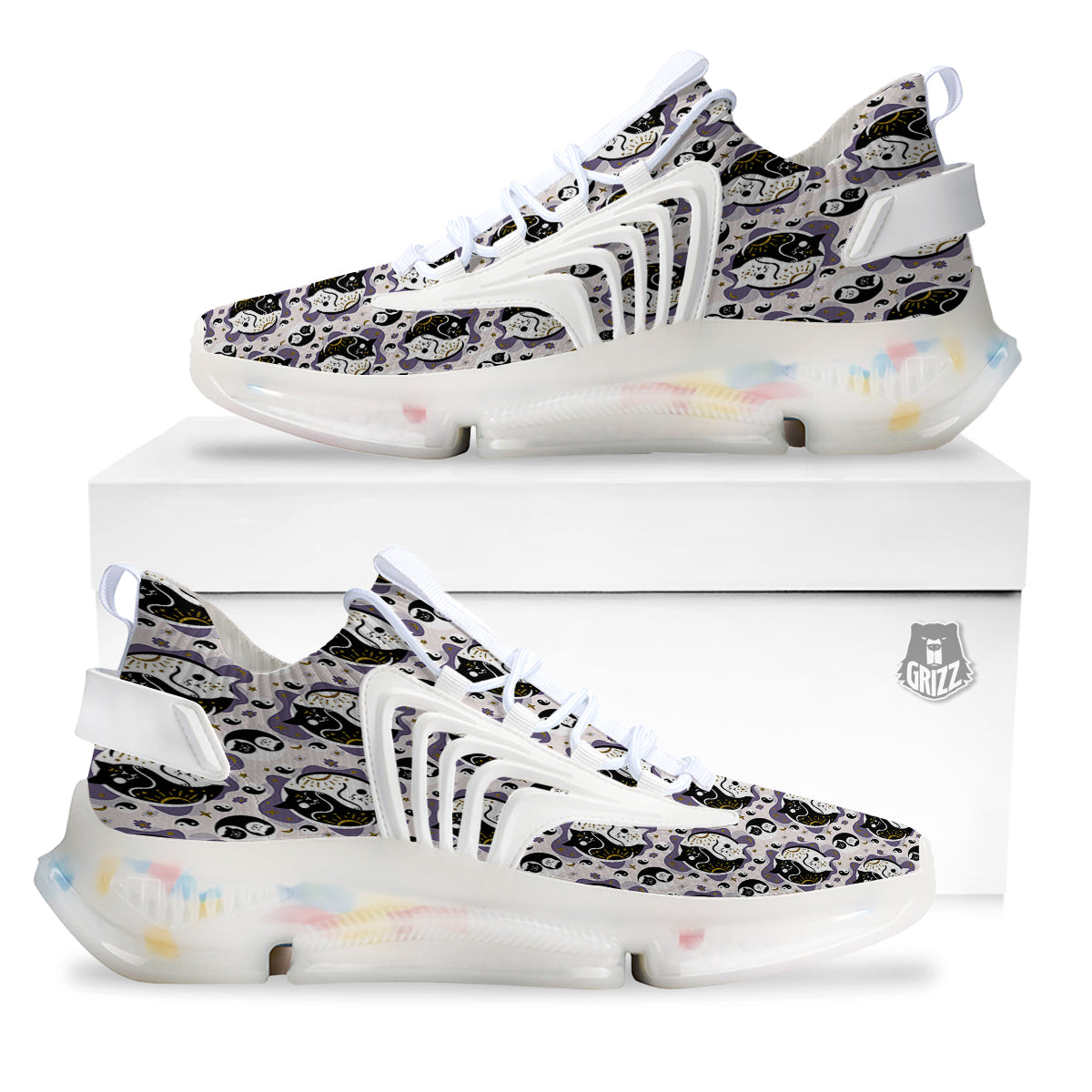 Yin Yang Black And White Cat Sleep Print Pattern White Gym Shoes-grizzshop