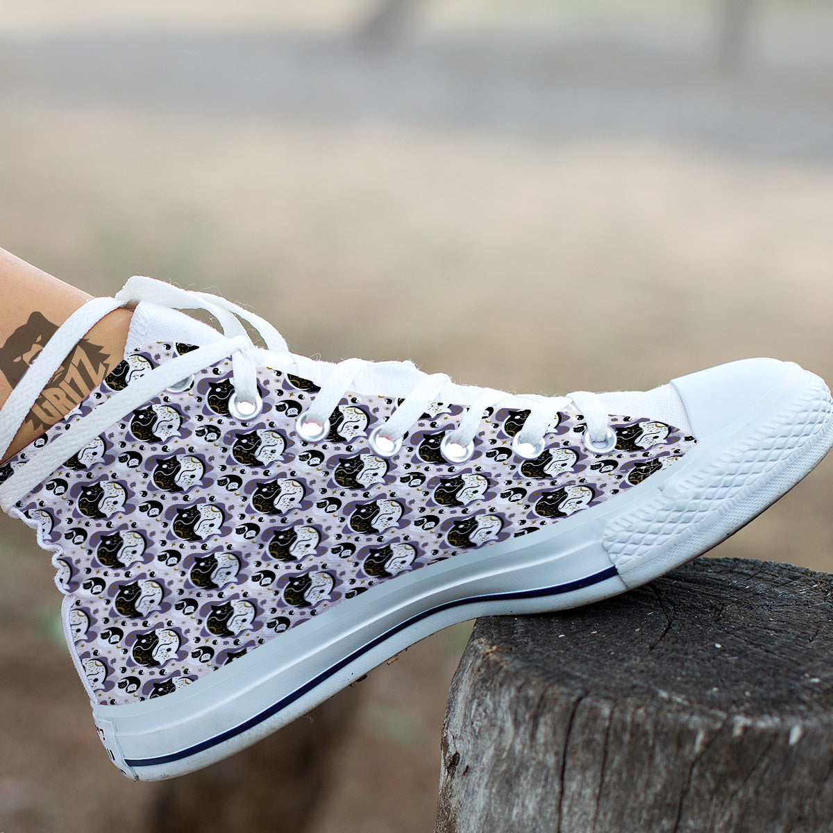 Yin Yang Black And White Cat Sleep Print Pattern White High Top Shoes-grizzshop