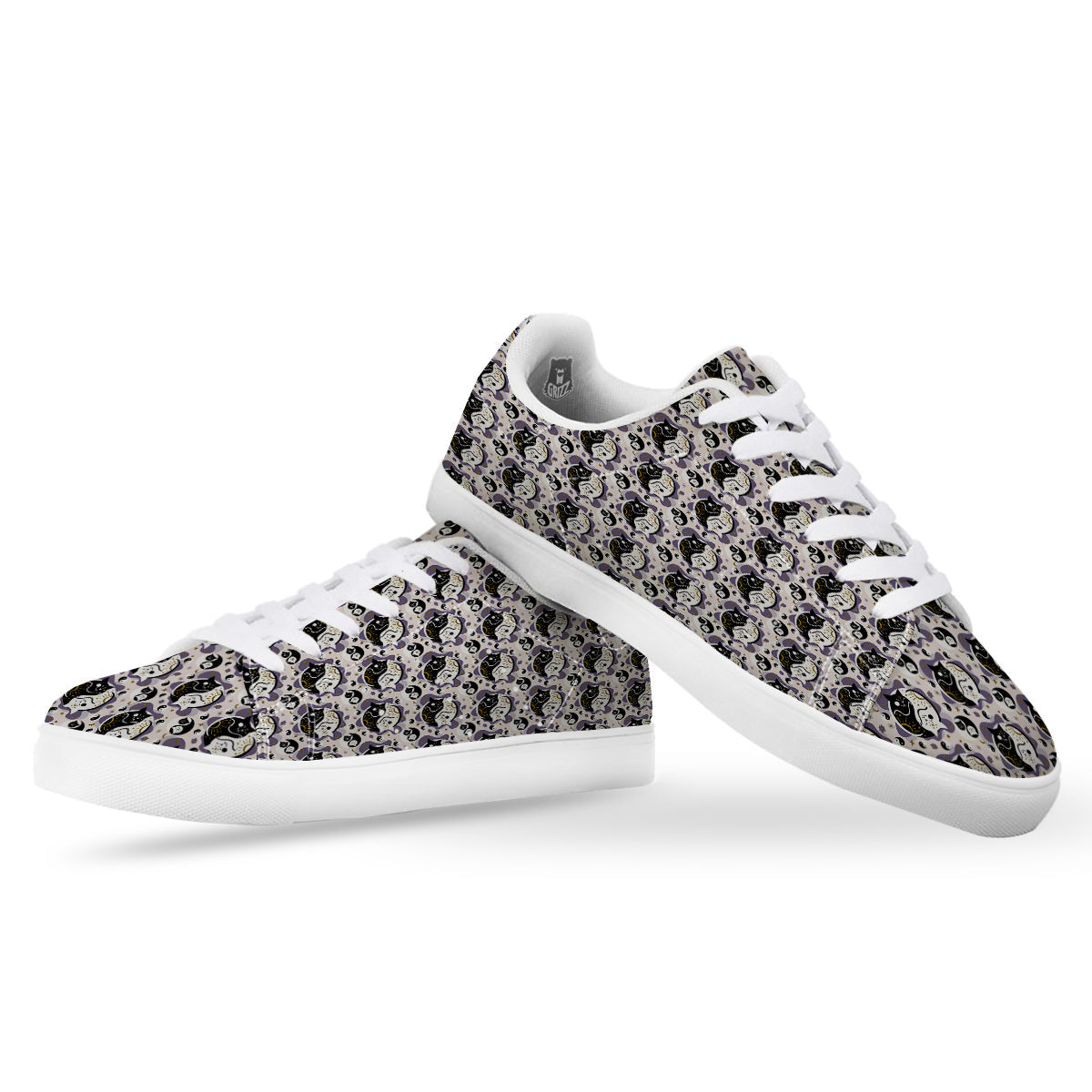 Yin Yang Black And White Cat Sleep Print Pattern White Low Top Sneakers-grizzshop