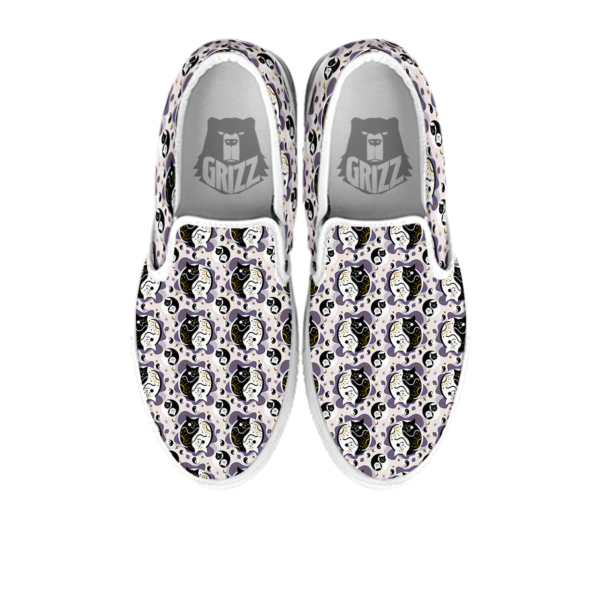Yin Yang Black And White Cat Sleep Print Pattern White Slip On Shoes-grizzshop