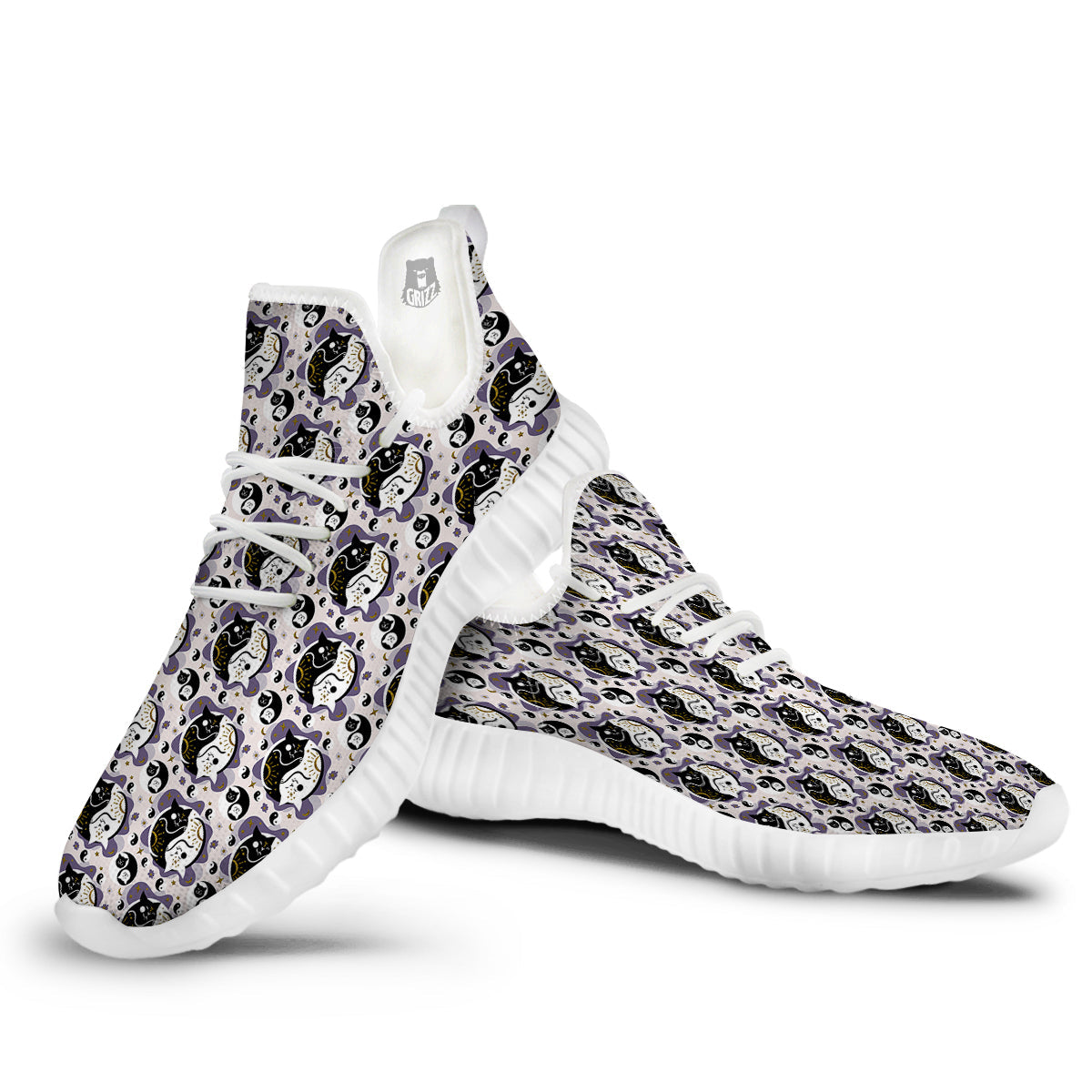 Yin Yang Black And White Cat Sleep Print Pattern White Walking Shoes-grizzshop